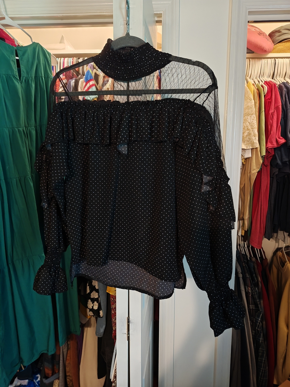 Sheer Black Polka Dot Ruffle Mock-Neck Blouse